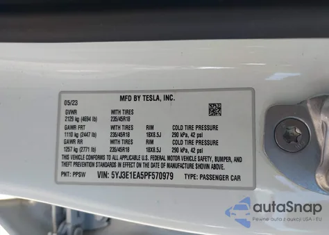 2023 Tesla Model 3 Rear-Wheel Drive z USA, uszkodzony, nr VIN 5YJ3E1EA5PF570979